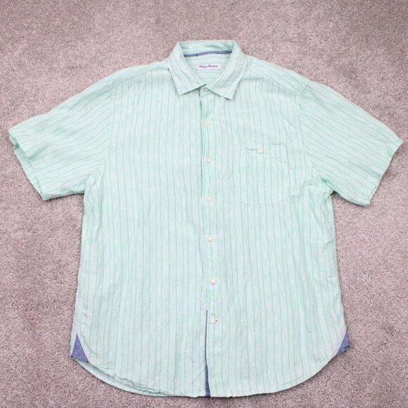 Tommy Bahama Shirt Mens Large Green Lino/Tencel Lyocell Short Sleeve Button Up - Picture 1 of 11